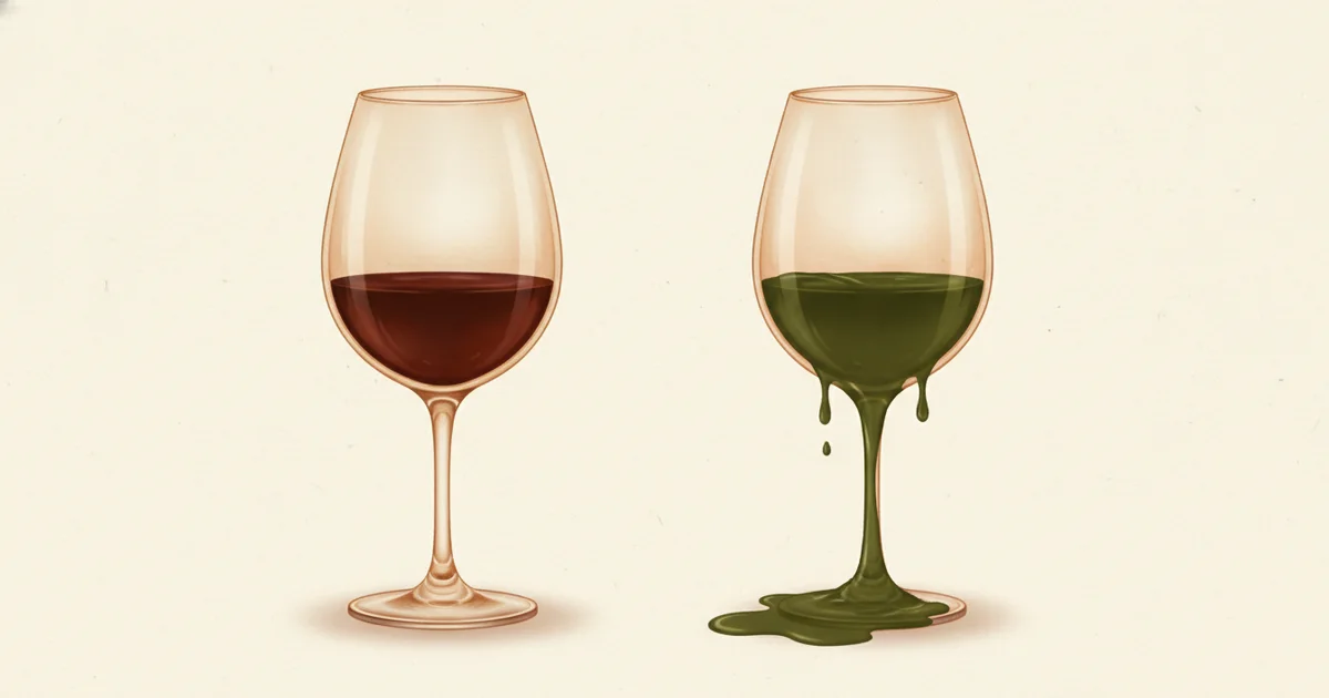 Editorial illustration of two wine glasses side by side, one filled to a low mark and the other overflowing, in wine and olive green tones on a cream background, representing the difference between a useful dose and too much.