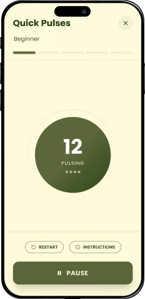 Ritmo app screen during a guided Kegel exercise, showing when to contract and relax