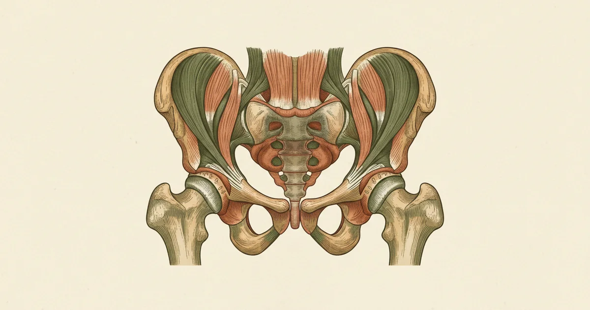 Editorial anatomical plate of the bony structure of the male pelvis in terracotta, green and sand tones on a cream background. Shows the muscular base that supports sexual and urinary function.