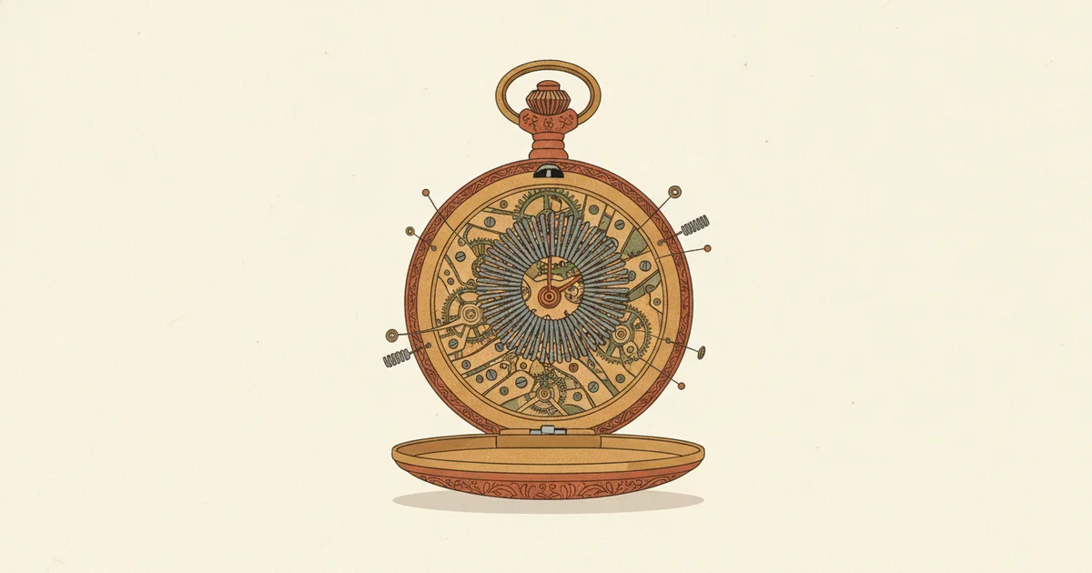 Editorial illustration of an antique pocket watch wound far too tight, in earth tones on a cream background, representing a body held in a permanent state of alert by stress.
