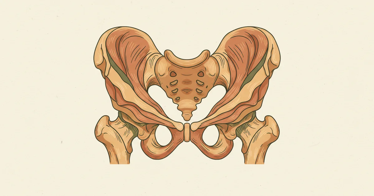 Editorial illustration of the male pelvis showing the pelvic floor muscles in earth tones on a cream background. Includes the levator ani, bulbocavernosus and ischiocavernosus.
