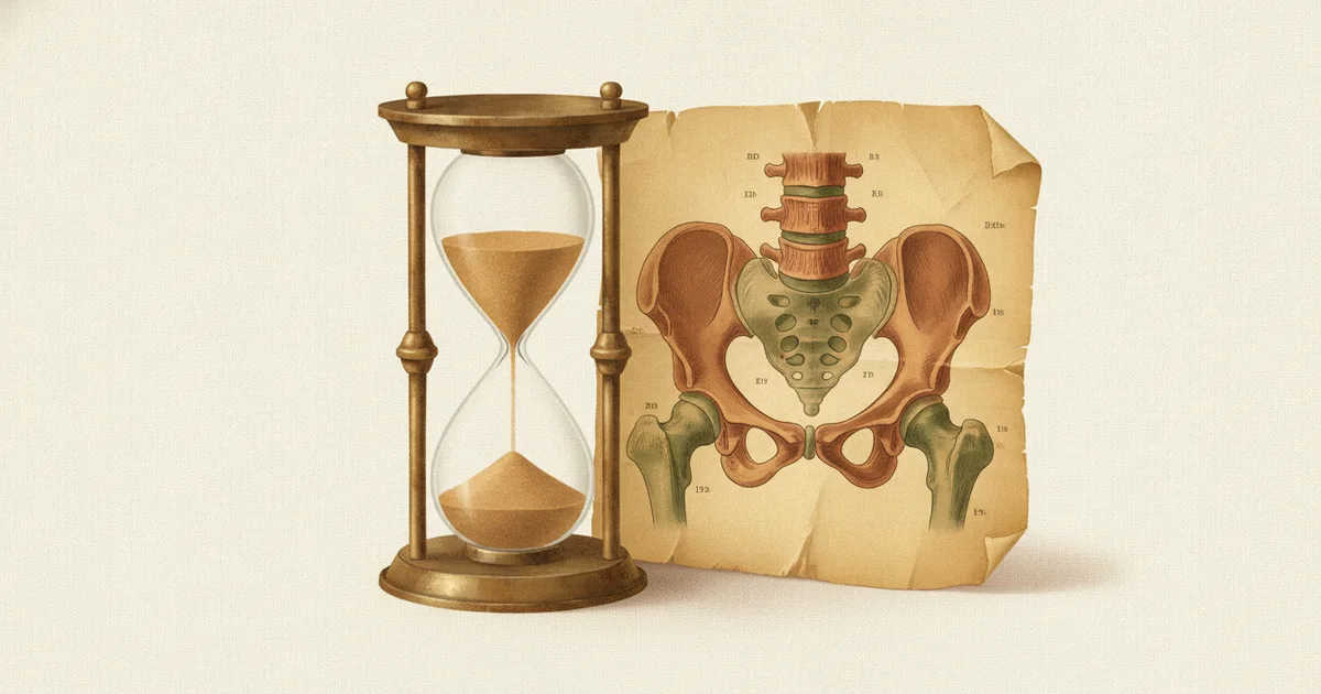 Editorial illustration in earth tones on a cream background showing an hourglass beside an anatomical plate of the male pelvis, referencing the recovery time for urinary control after surgery.