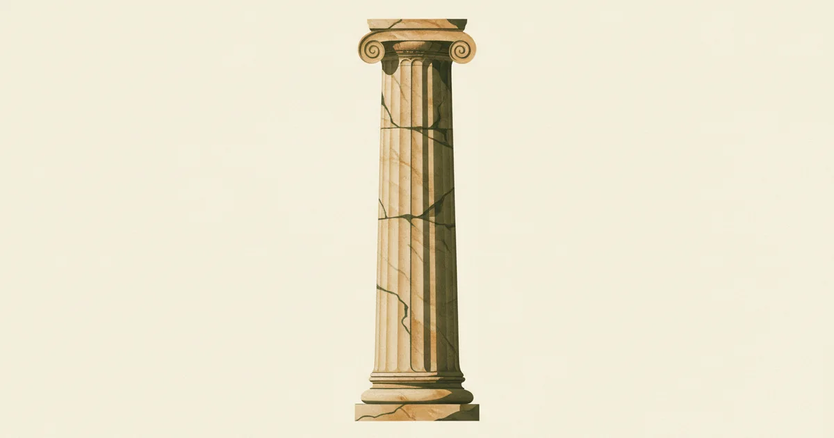 Escultura abstracta vertical de bloques superpuestos en verde musgo y terracota sobre fondo crema. Simboliza estructura, soporte y firmeza, tema central de la disfunción eréctil.
