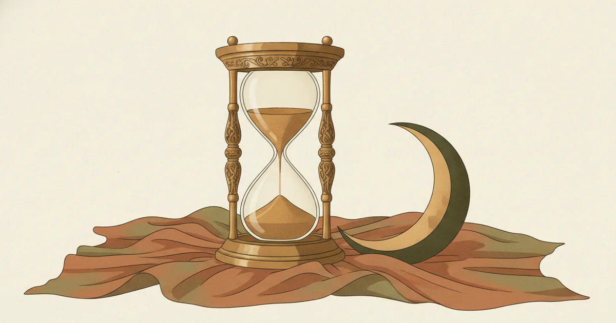 Ilustración editorial de un reloj de arena antiguo junto a una luna creciente, en tonos tierra sobre fondo crema, que representa las horas de sueño que el cuerpo usa para producir testosterona.